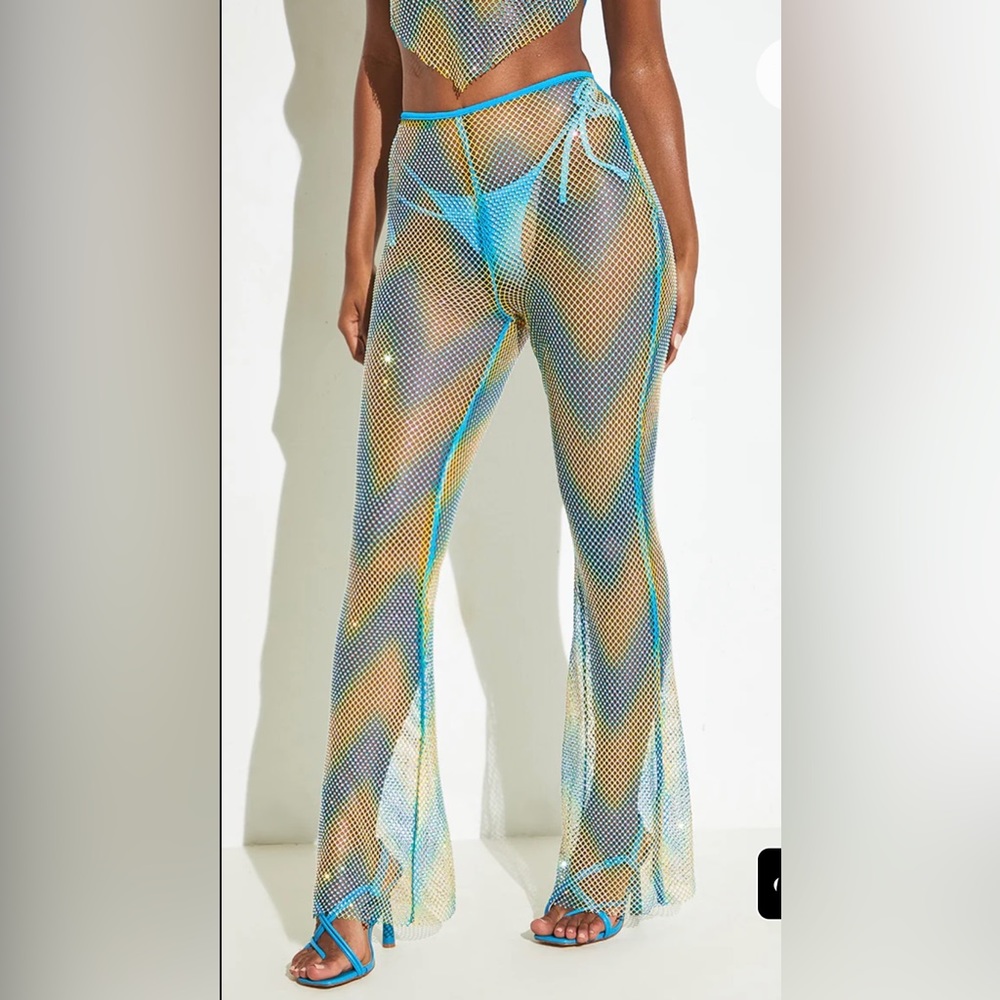 Blue and yellow rhinestone pants, top, and bandana cover up small/medium - Picture 4 of 11